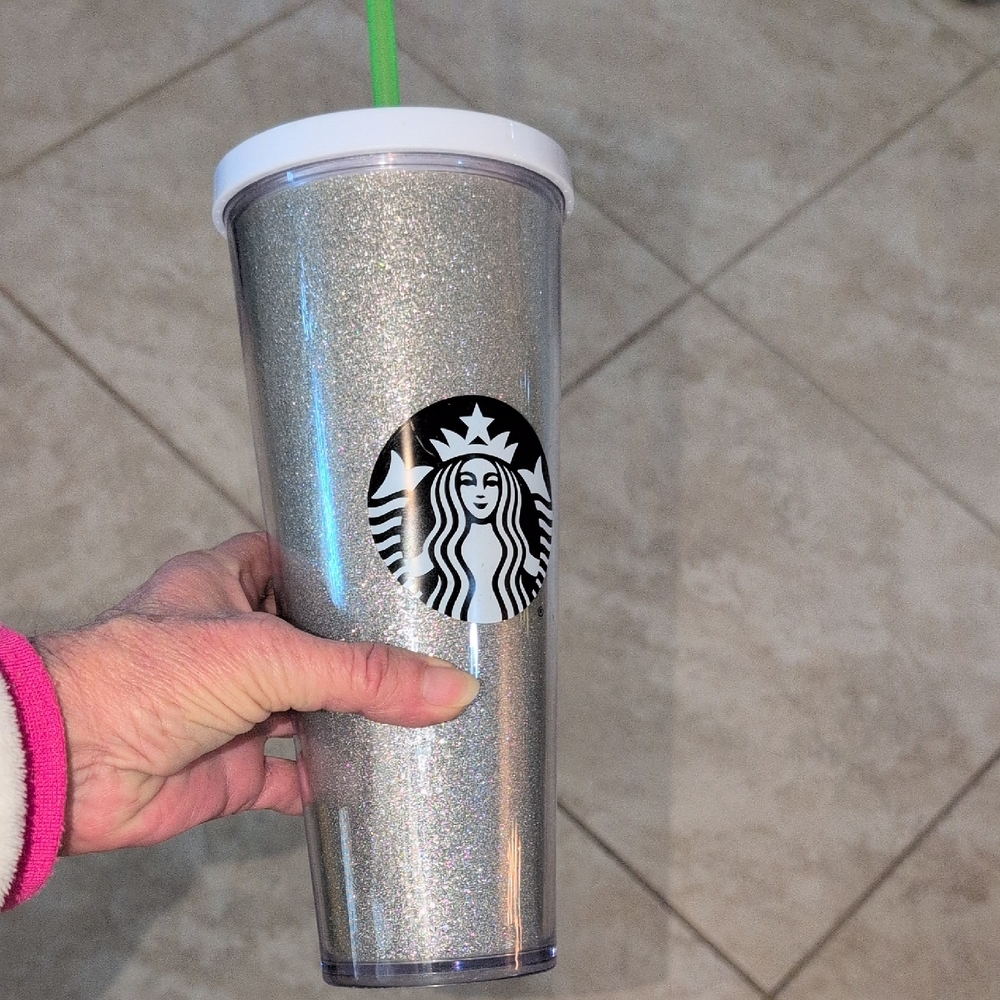 Starbucks Shimmering Silver Tumbler with Green Straw